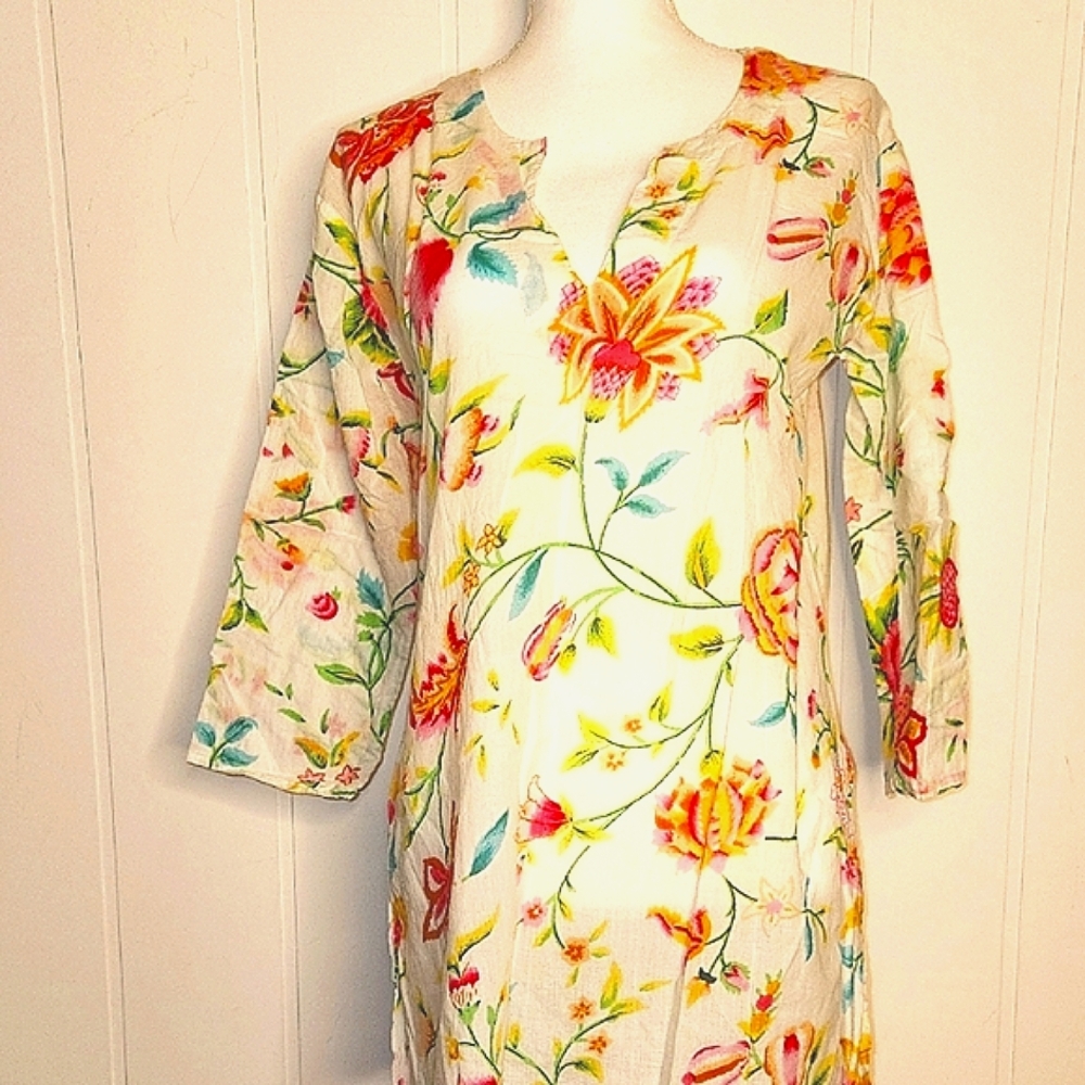 Vintage White Floral 3/4 Sleeves 100% Cotton Lightweight Boho  Swim Cover-up